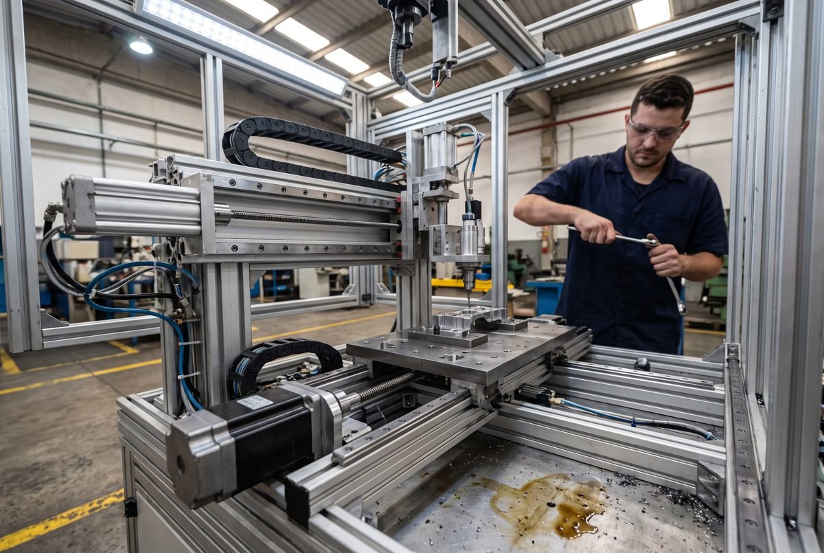 Técnico montando célula automatizada sob medida